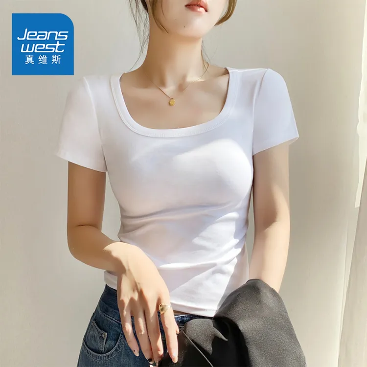 真维斯白色紧身方领短款T恤女夏2025新款纯色设计感修身显瘦上衣