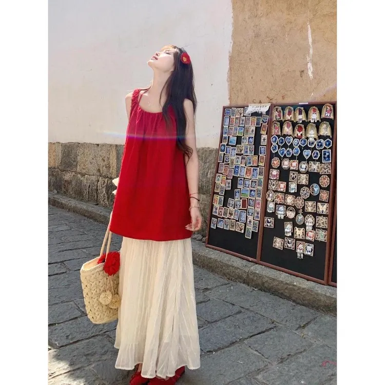 【店铺热销】韩系穿搭套装女夏季红色挂脖娃娃裙上衣宽松显瘦仙仙褶