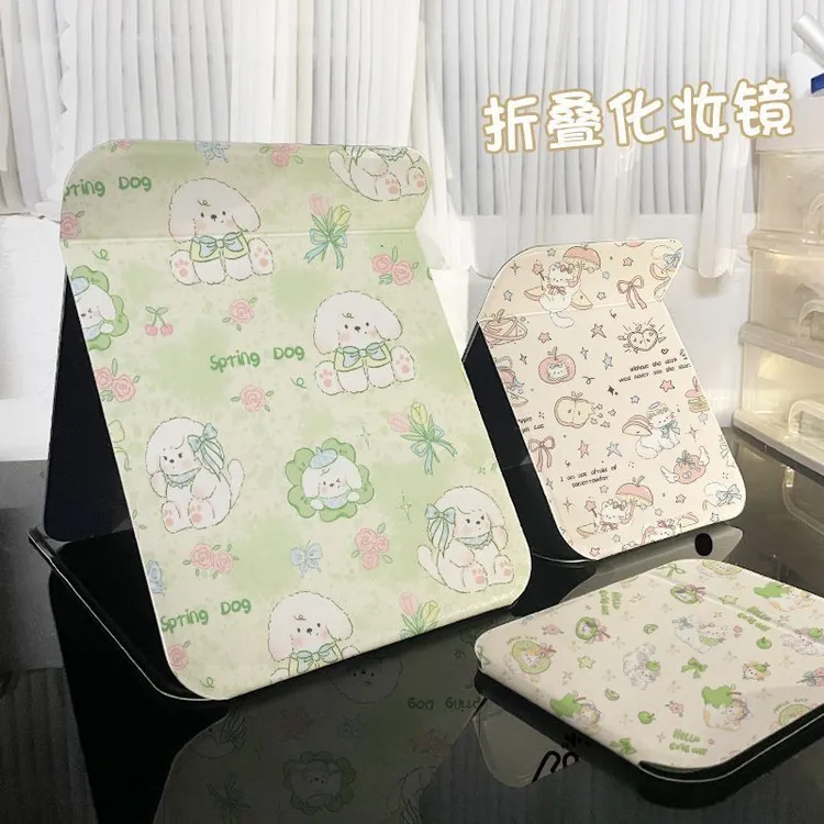 苹果涂鸦女生新款折叠化妆镜高清可立桌面大小号双面翻盖家用宿舍