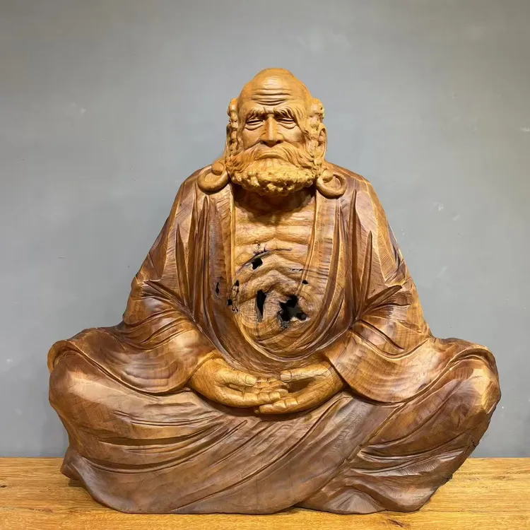《悟道达摩》香樟木手工雕刻书房客厅桌面装饰摆件 尺寸82-21-78