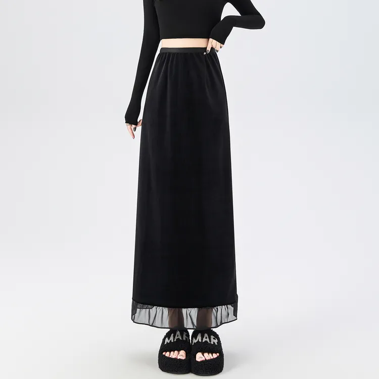 静奢风显瘦女士半身裙中长裙休闲成人透气金丝半裙秋冬高腰长裙