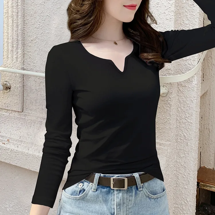 黑色长袖t恤女修身秋季2025新款纯棉小V领打底衫内搭减龄正肩上衣