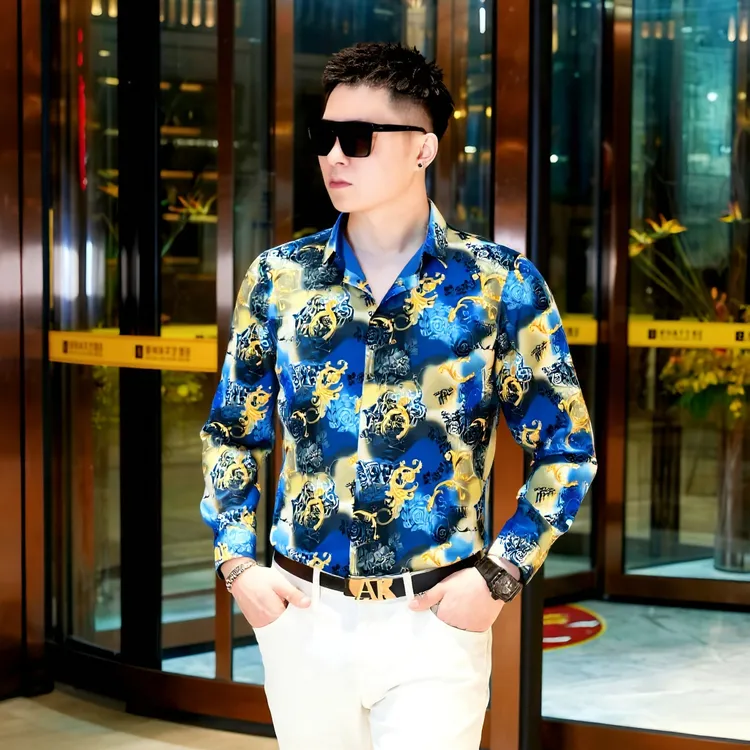 商场正品薄款印花衬衫男长袖休闲百搭春秋新款痞帅高级感时尚气质