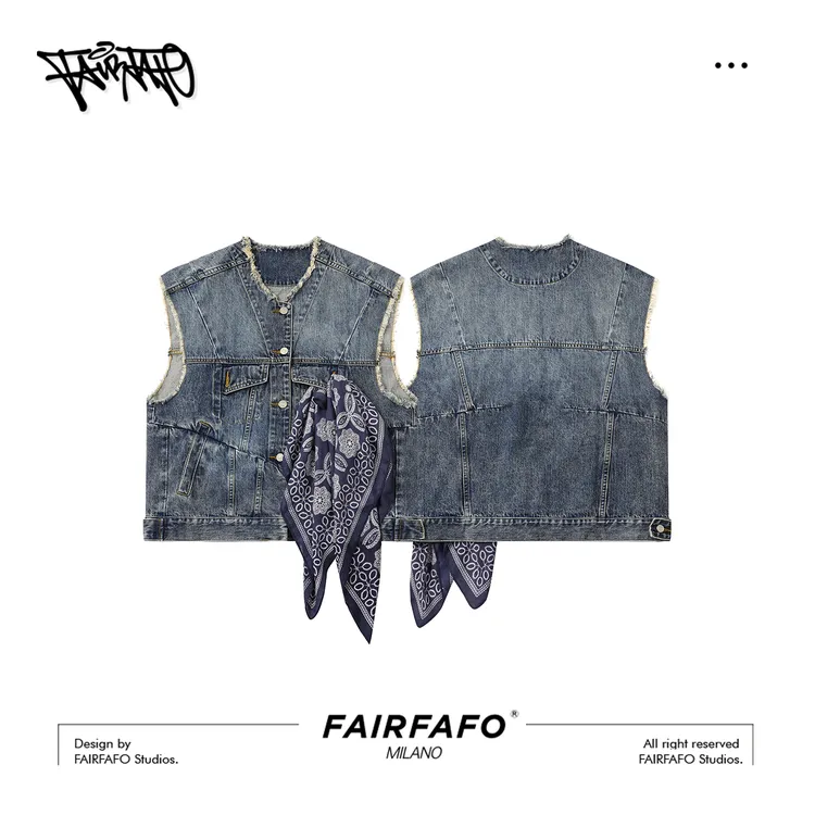 【丝巾毛边马甲外套】FCMJ59009秋季新款时尚百搭个性马甲外套