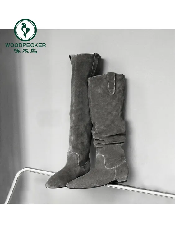 啄木鸟~复古平底长靴女秋冬磨砂宽筒褶皱堆堆靴显瘦百搭骑士靴子