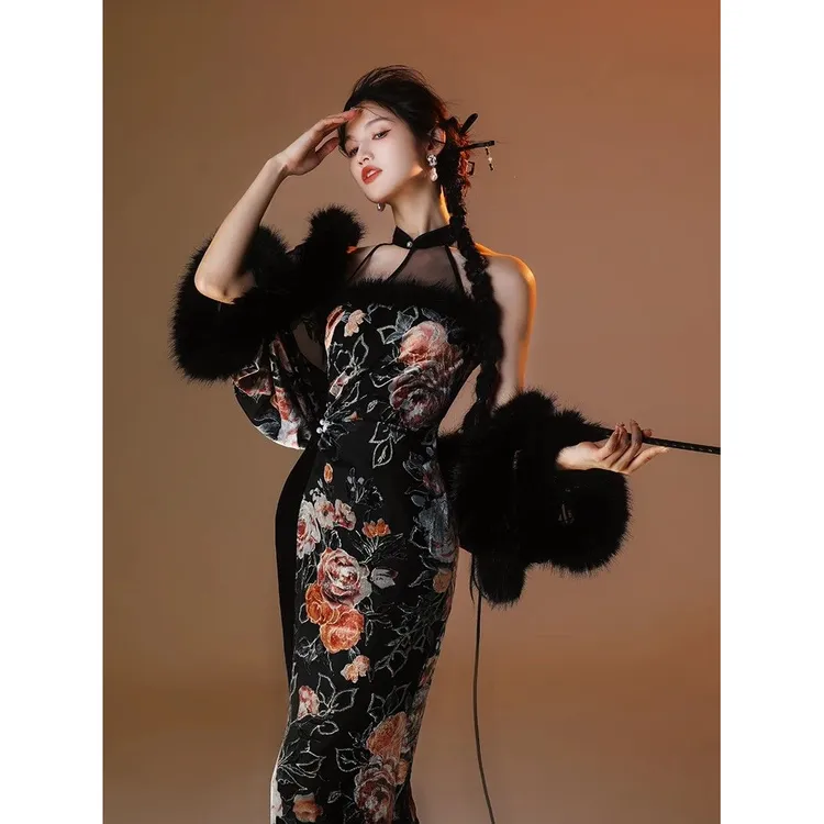 【热卖】【热销】金枝欲孽 轻奢印花丝绒优雅复古斜襟高开衩秋冬旗袍