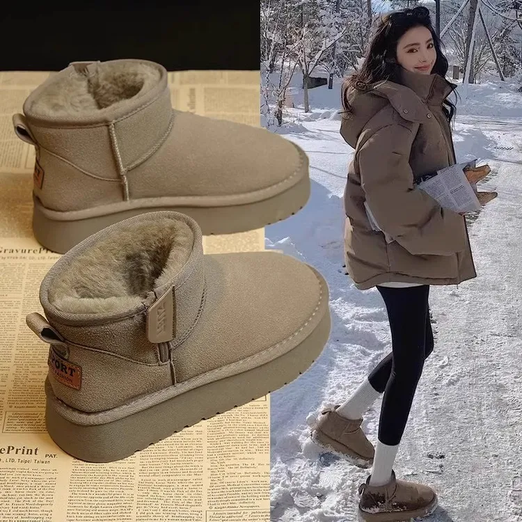 防水防滑厚底皮毛一体雪地靴女2025新款冬季加绒加厚东北大棉鞋女