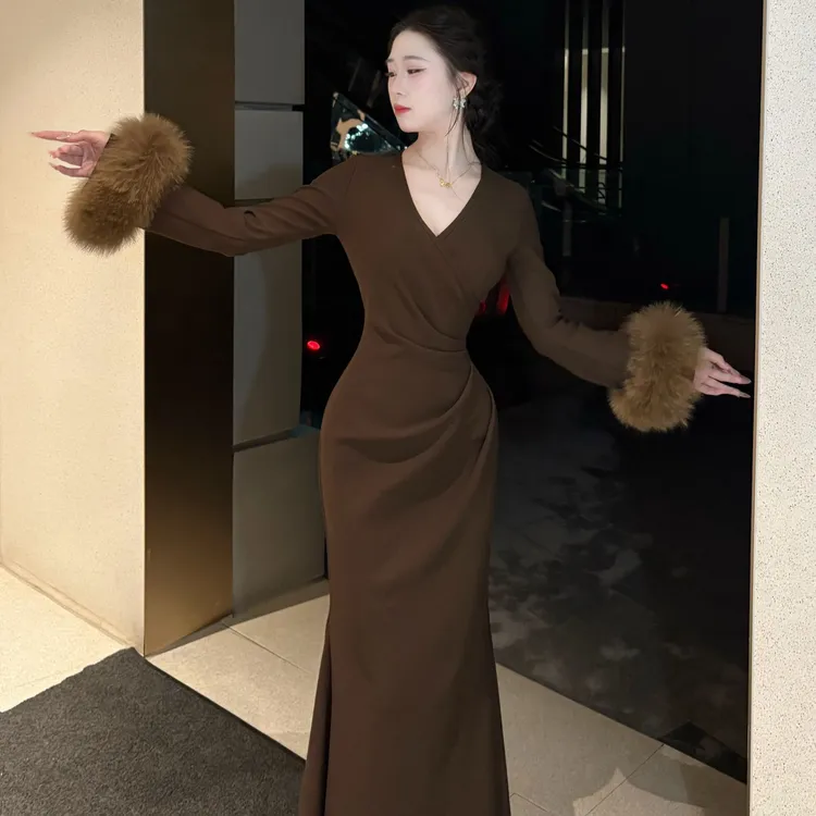 LHMknk1画报夫人原创自制秋冬重工弹西装力鱼尾裙 美拉德棕色鱼尾