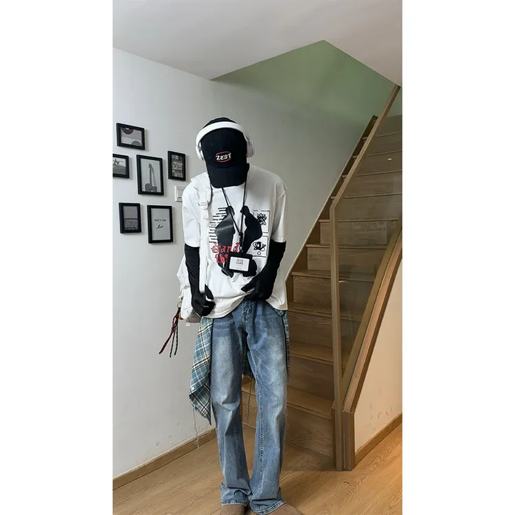 浅蓝色517牛仔裤男春季显瘦修身美式vibe高街裤子直筒微喇弯刀裤