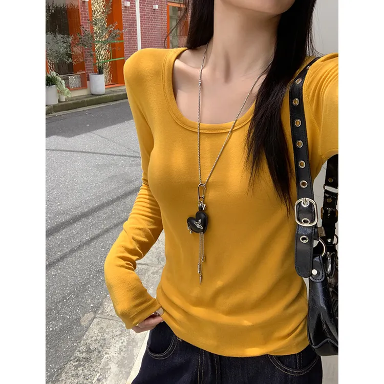 正肩长袖打底衫女早秋新款纯色修身显瘦洋气u领秋冬内搭t恤上衣潮