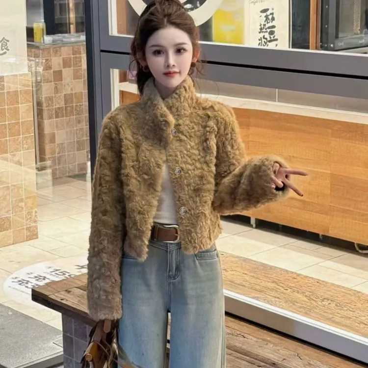 人造皮草 冬季短款仿水貂毛保暖女士冬季立领短外套秋冬网红