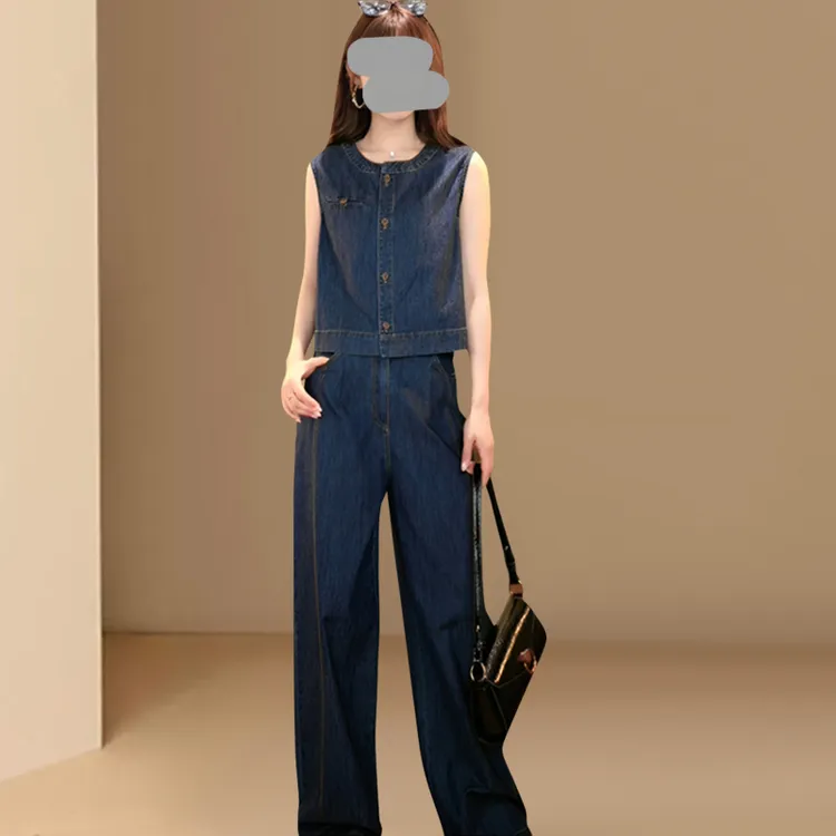 蓝色复古圆领牛仔马甲套装女士2025夏季高级气质直筒牛仔裤两件套