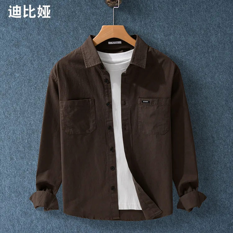 日系文艺工装长袖衬衫男秋季新款休闲时尚潮流百搭纯棉衬衣外套Y