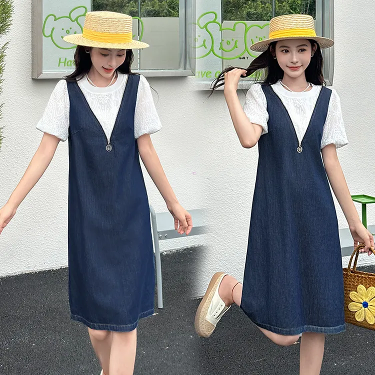 大码女装遮肚子假两件连衣裙泡泡袖中长裙韩版显瘦背带裙