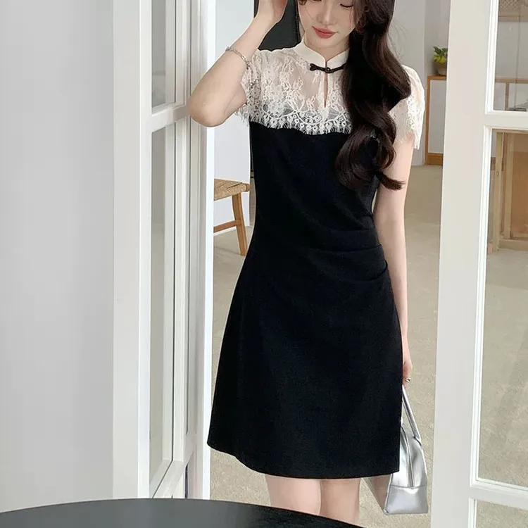 2025夏季新款镂空蕾丝拼接盘扣立领国风连衣裙女