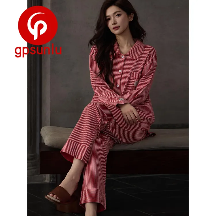 gpsunlu2025新款女士睡衣春秋季纯棉长袖长裤时尚简约家居服套装