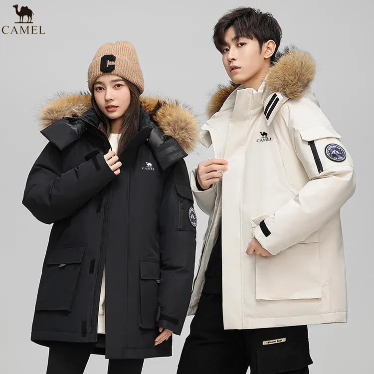 骆驼户外情侣冬季毛领连帽羽绒三合一派克服拉链连帽毛领中长款