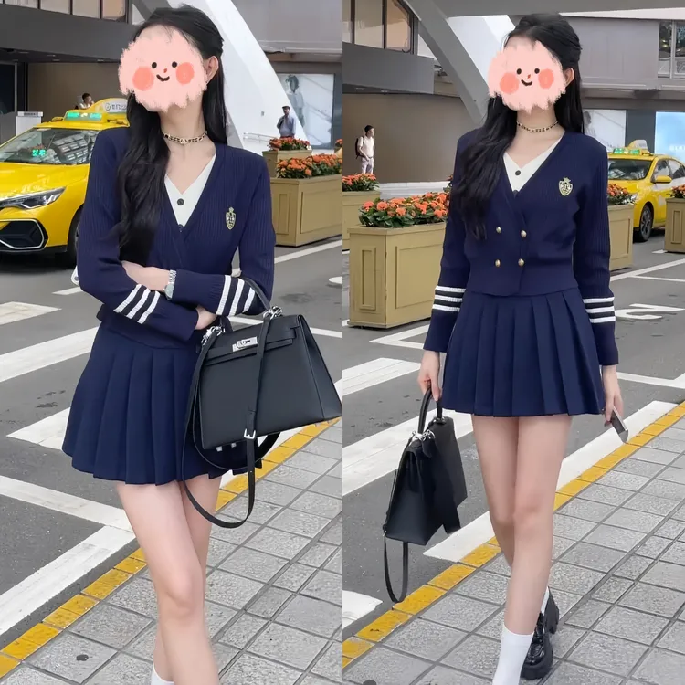 2025秋冬新款假两件针织毛衣双排扣v领显瘦上衣百褶半身裙两件套