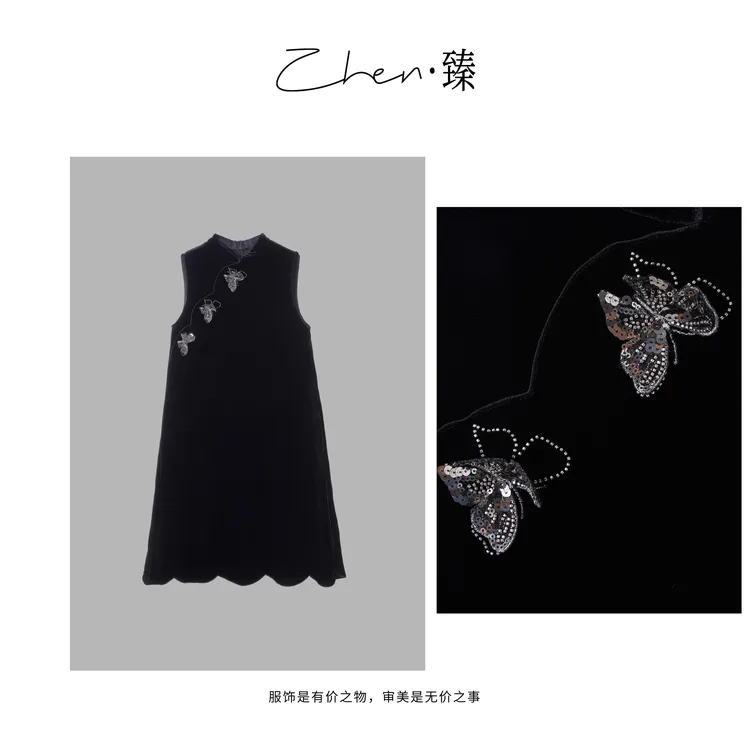 ZHEN.臻 新中式斜襟刺绣蝴蝶结烫钻夏季真丝丝绒连衣裙LYQ8436Z