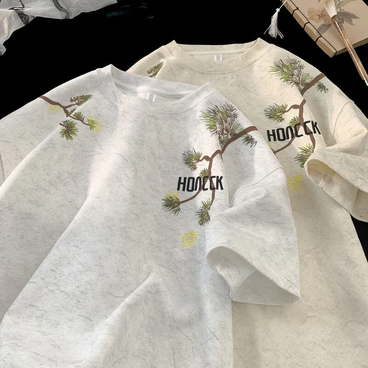 砂洗冰丝短袖t恤男士夏季薄款重磅砂洗刺绣设计感宽松半袖体恤tee