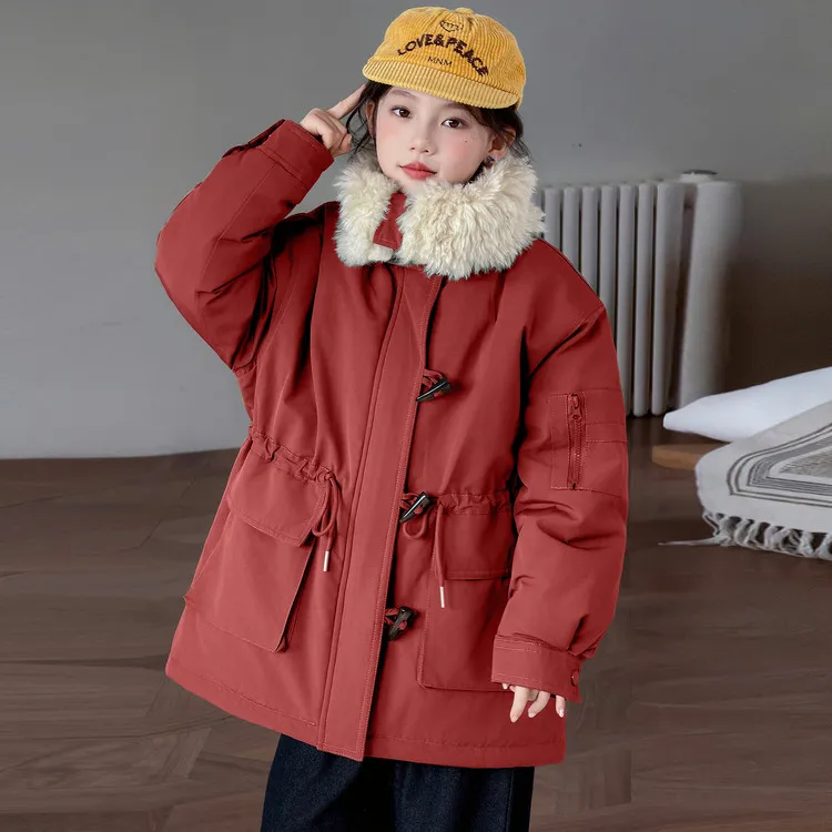 女童冬装夹棉加厚毛领派克服红色年服女大童冬季收腰保暖棉服外套