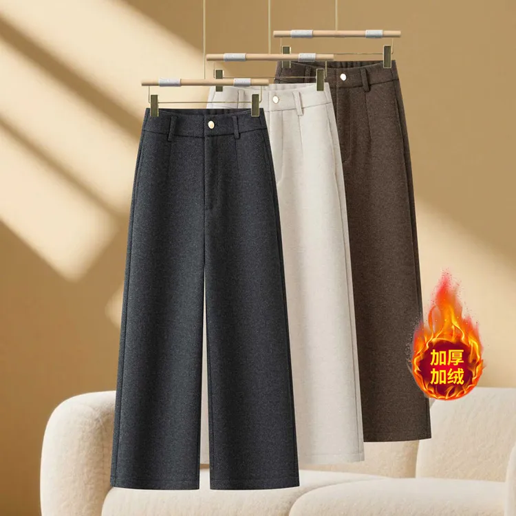加绒加厚醋酸羊 毛阔腿裤小个子八分裤女秋冬新款毛呢直筒九分裤