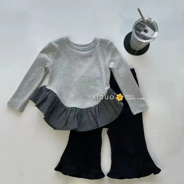 女童春秋季新款荷叶边T恤喇叭裤套装宝宝简约韩版两件套潮