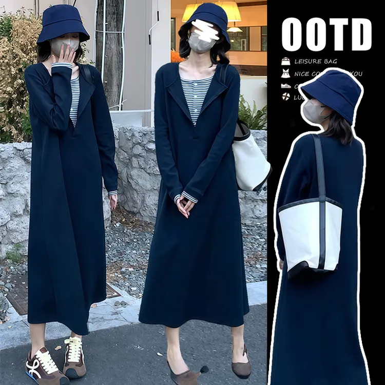 孕妇装秋季连衣裙c新款韩版时尚百搭简约显瘦假两件中长款连衣裙