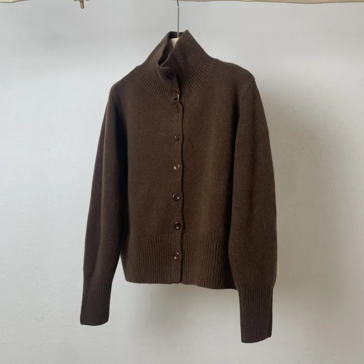 秋冬新款高定女士羊毛衫短款外套气质高领百搭优雅可翻领羊毛开衫