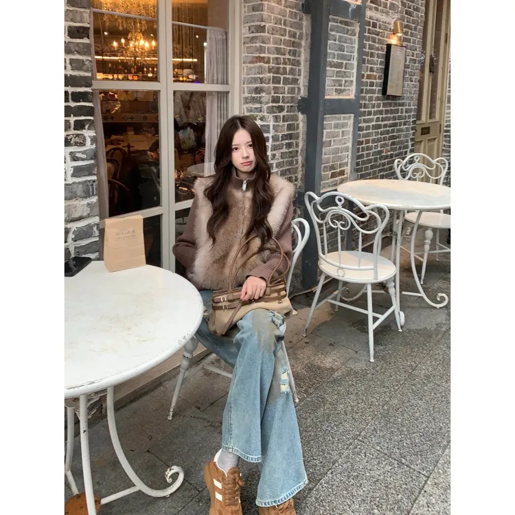 慵懒风气质收腰假两件拼接毛衣外套女款秋季高腰气质阔腿牛仔长裤