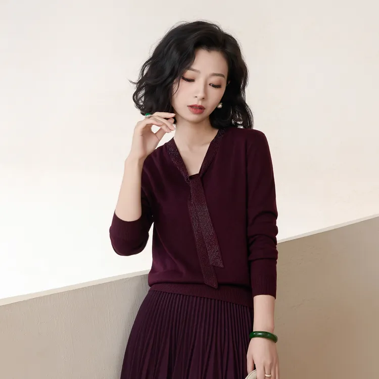 西子/【胭脂醉】羊毛V领飘带钉珠领结针织衫/MSTJ0713