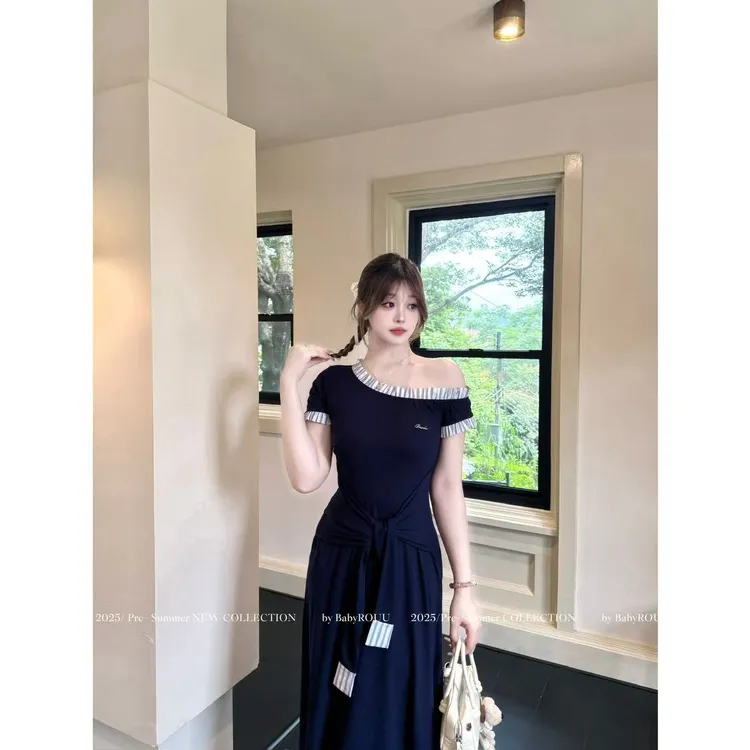 【现货】【邻家学姐】温与柔韩系假两件拼接设计长裙绑带显瘦连衣裙