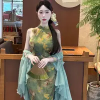 LHMknk1活动画报夫人原创自制国风女装改良版绿旗袍 鹿城公主