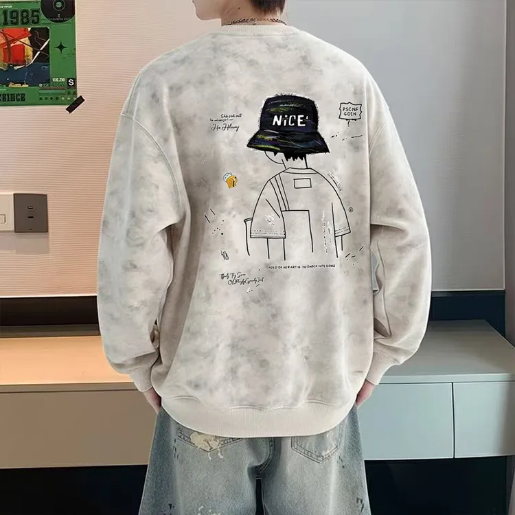 潮牌大码扎染圆领卫衣男士春秋款美式痞帅宽松长袖打底衫学生上衣