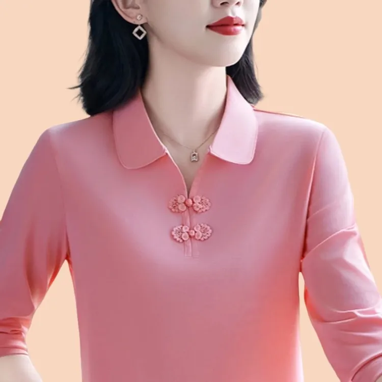 高品质粉色妈妈长袖t恤女春秋季民族风好看的上衣减龄运动polo衫