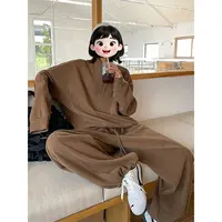 XiANJiE 休闲风半拉链咖色卫衣弯刀卫裤套装女冬季宽松休闲两件套