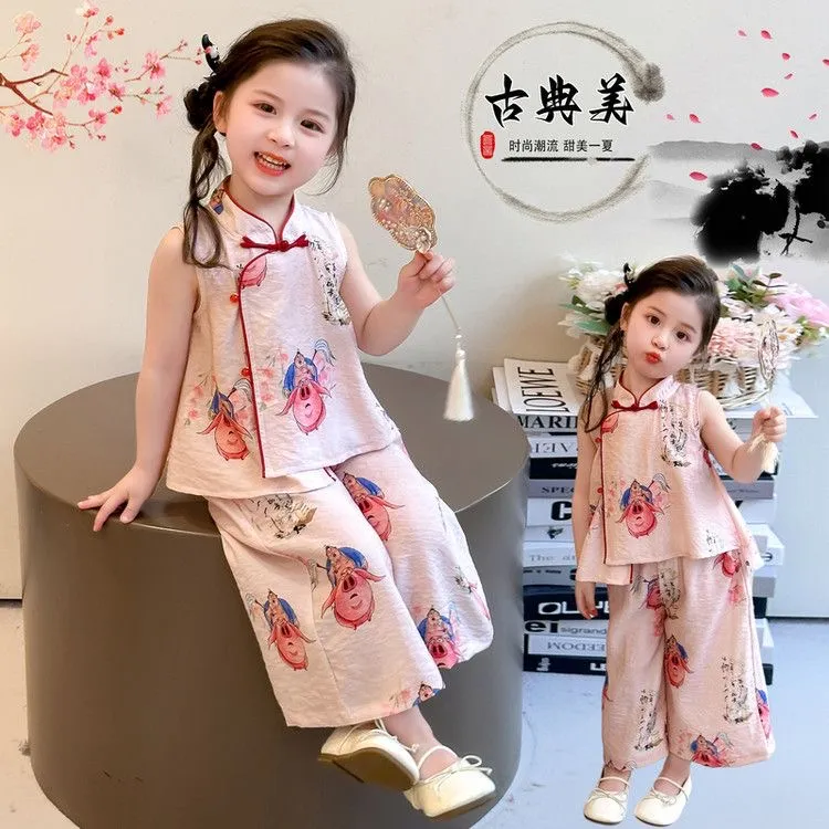 女童夏季中国风汉服新中式2025新款小女孩夏装宝宝背心套装