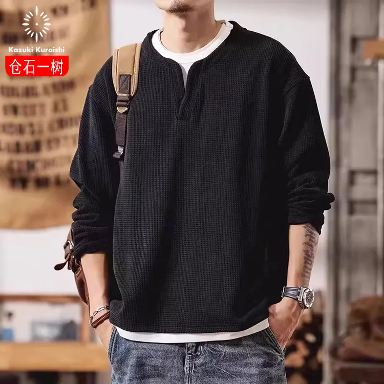 仓石一树美式复古华夫格V领假两件卫衣男休闲宽松亨利领长袖上衣