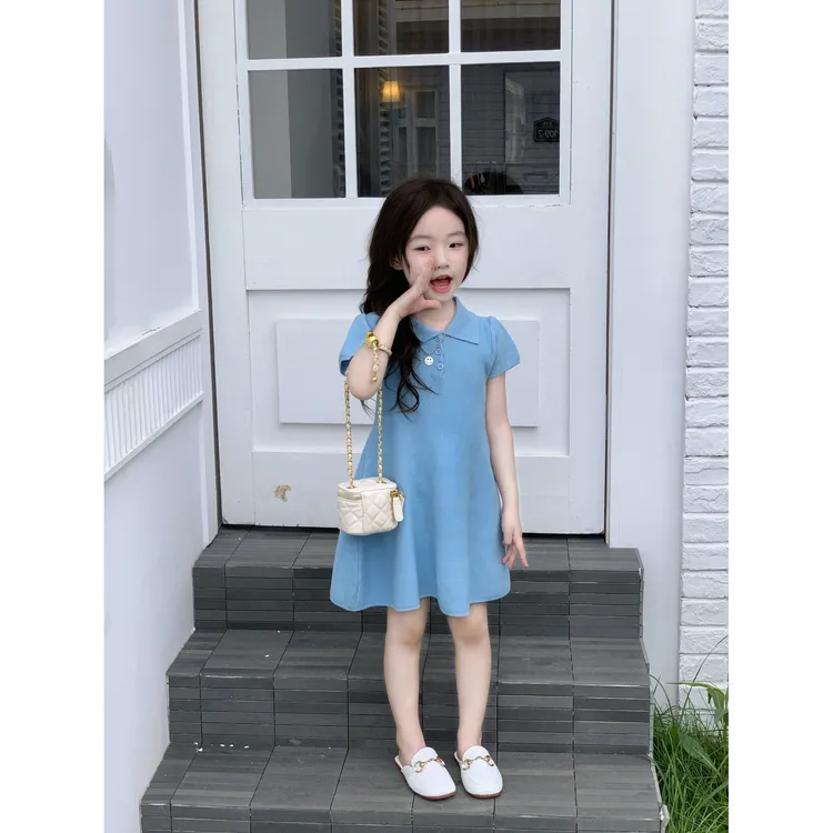 女童裙子2025夏季新款polo冰丝针织短袖连衣裙收腰显瘦气质蓬蓬裙