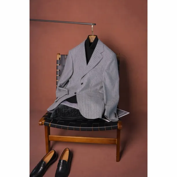 INCHOI平驳领男士单西秋冬季长袖法兰绒条纹西服上装男士秋季