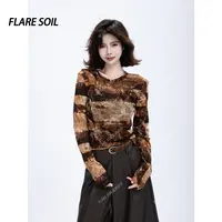 【FLARE SOIL】（现货）复古扎染修身植绒网纱上衣欧韩小众T恤 T4672A
