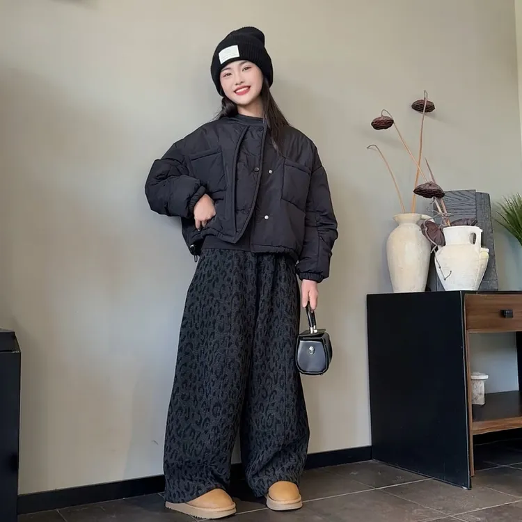 女童冬季新款韩系潮流夹棉外套连帽打底衫加绒豹纹裤潮