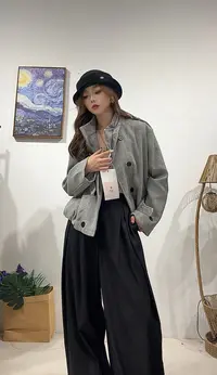 153区8808浅灰立领双排扣毛呢短款小风衣夹克外套