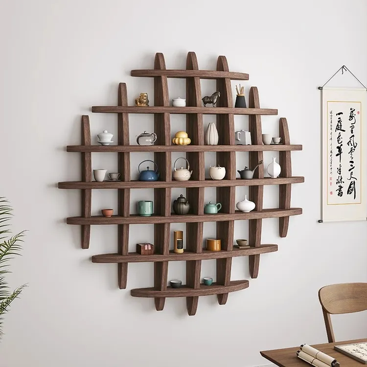 日本侘寂风玄关博古架实木中式挂墙茶杯架墙上多宝阁格子架置物架
