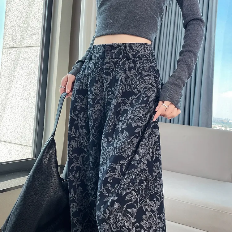 复古印花阔腿裤女春秋新款2025流行高腰遮胯显瘦宽松百搭休闲裤子