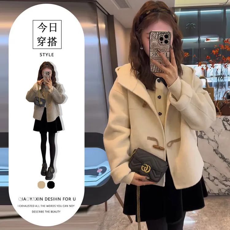 港味复古牛角扣毛呢外套高腰遮胯丝绒半身裙时尚简约垂感两件套女