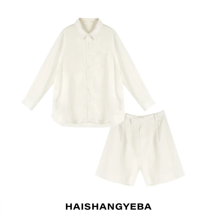 【海上叶爸】新款2025夏季百搭亚麻休闲极简衬衫短裤套装