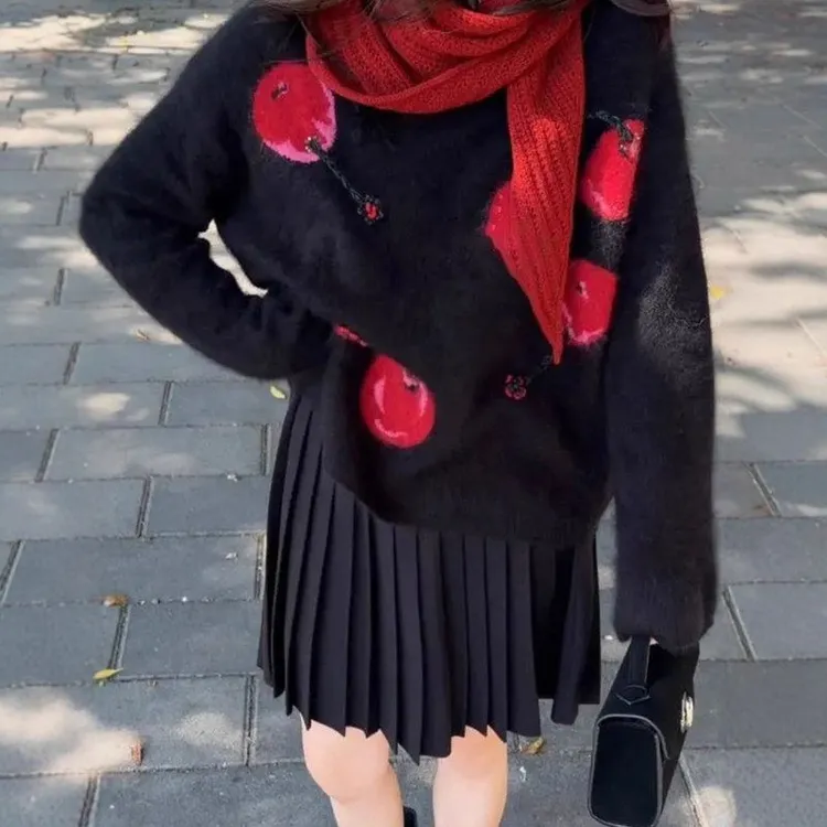 毛衣羊毛衫提花氛围上衣羊绒25含针织衫秋冬女新款女装樱桃感显