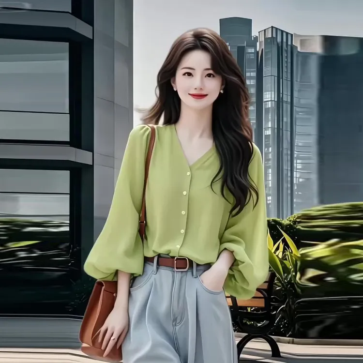 法式气质V领长袖衬衫女夏季新款独特漂亮超好看宽松显瘦别致上衣