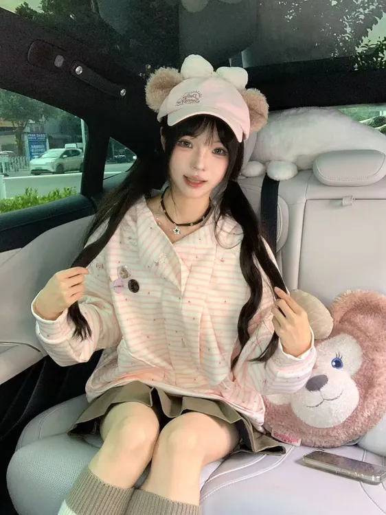 【线条小狗】开衫浅蓝色绑带条纹狗卡通风ins休闲卫衣落肩袖连帽